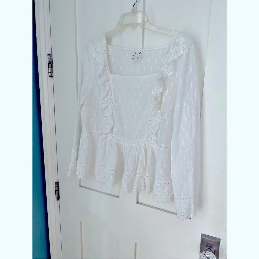 Anthropologie Meadow Rue White Edelyn Ruffled Eyelet Summer Blouse Top Sz 10
